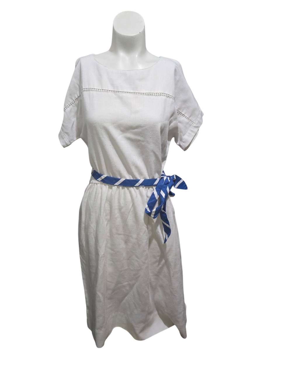 Vintage Lanz Originals White Blue Tie Waist Midi Dress 5/6 Retro Nautical
